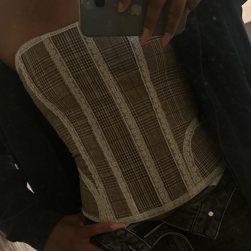 Brown and Cream Plaid Lace Corset Top